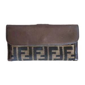 Authentic FENDI Zucca Canvas Leather W Hook Long Wallet Brown Used Read